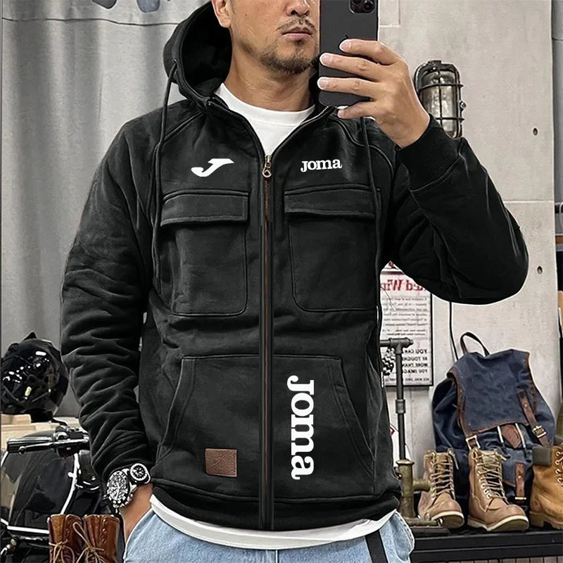 JOMA Men's Loose Fleece-lined Hoodie Jacket with Multiple Pockets Retro American Style Spring Autumn Winter Casual Outerwear