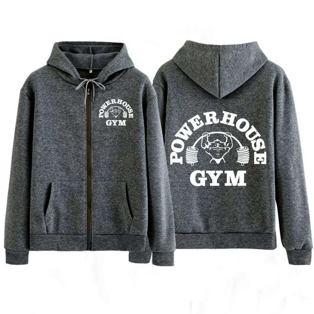 Powerhouse Gym Logo Zipper Hoodie Harajuku Geek Fitness Zip Up Hoodies Unisex Long Sleeve Fashion Casual Oversized Jacket Coat
