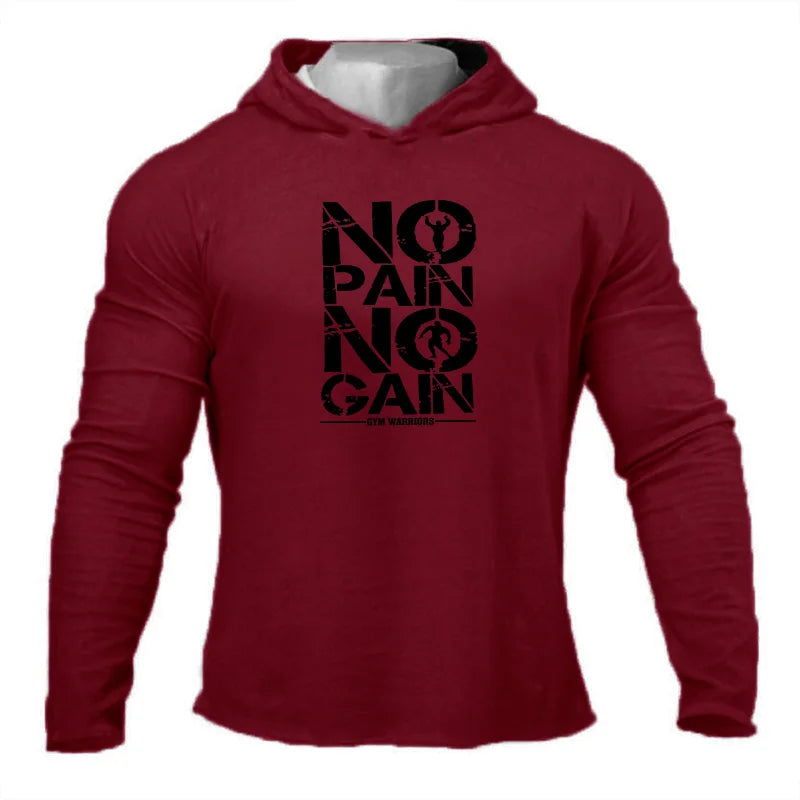 NO PAIN NO GAIN Men's Running Hooded T-shirts Autumn Fitness Long Sleeve Hoodies Shirt Cotton Gym Clothing Sports Muscle Tshirt