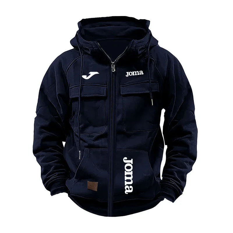 JOMA Men's Loose Fleece-lined Hoodie Jacket with Multiple Pockets Retro American Style Spring Autumn Winter Casual Outerwear