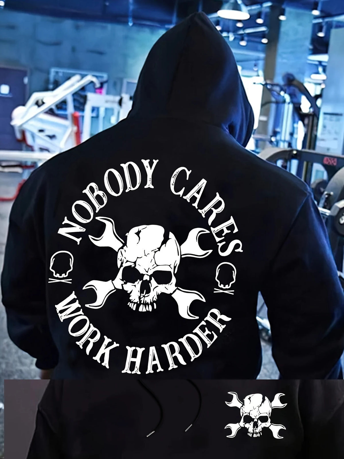 Men Gym Hoodie Nobody Cares Work Harder Skull Wrench Print Oversized Streetwear Sweatshirt Casual Fitness Pullover Tops