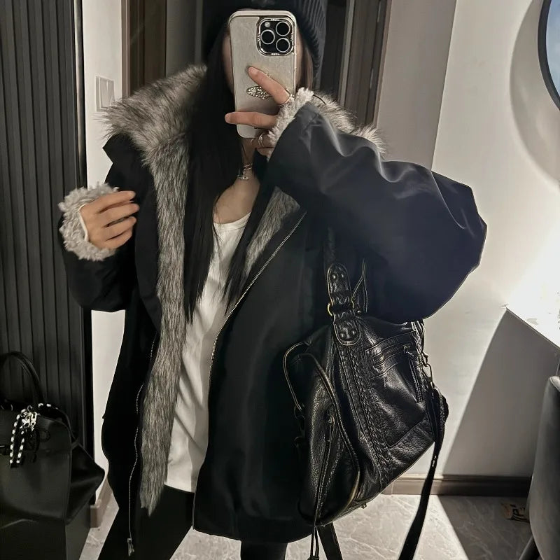 Black Winter Versatile, Fashionable, Warm Cold-proof Cotton-padded Spliced New Autumn and Winter Jacket, Parka Coat