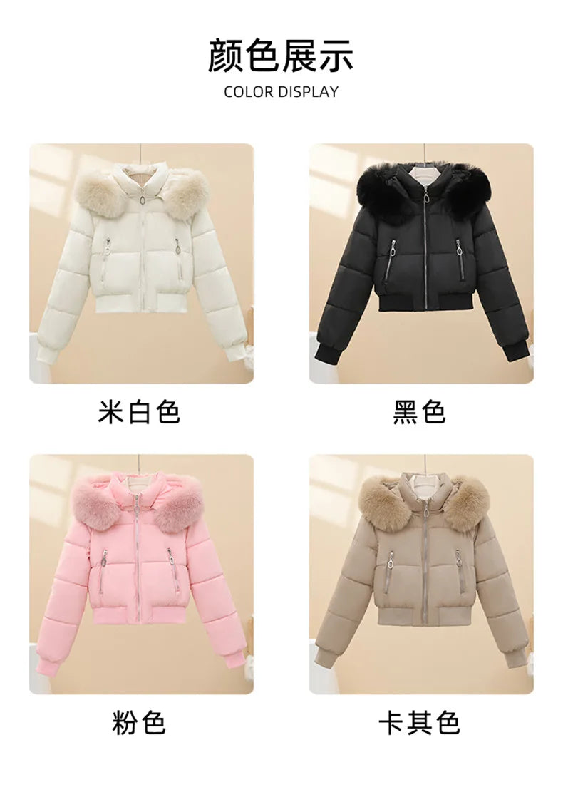 2026 Winter Jacket Women Hooded Fur Collar Cotton Coat New Thick and Warm Short Clothing