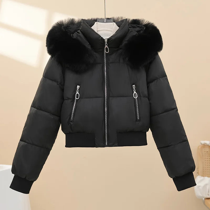 2026 Winter Jacket Women Hooded Fur Collar Cotton Coat New Thick and Warm Short Clothing