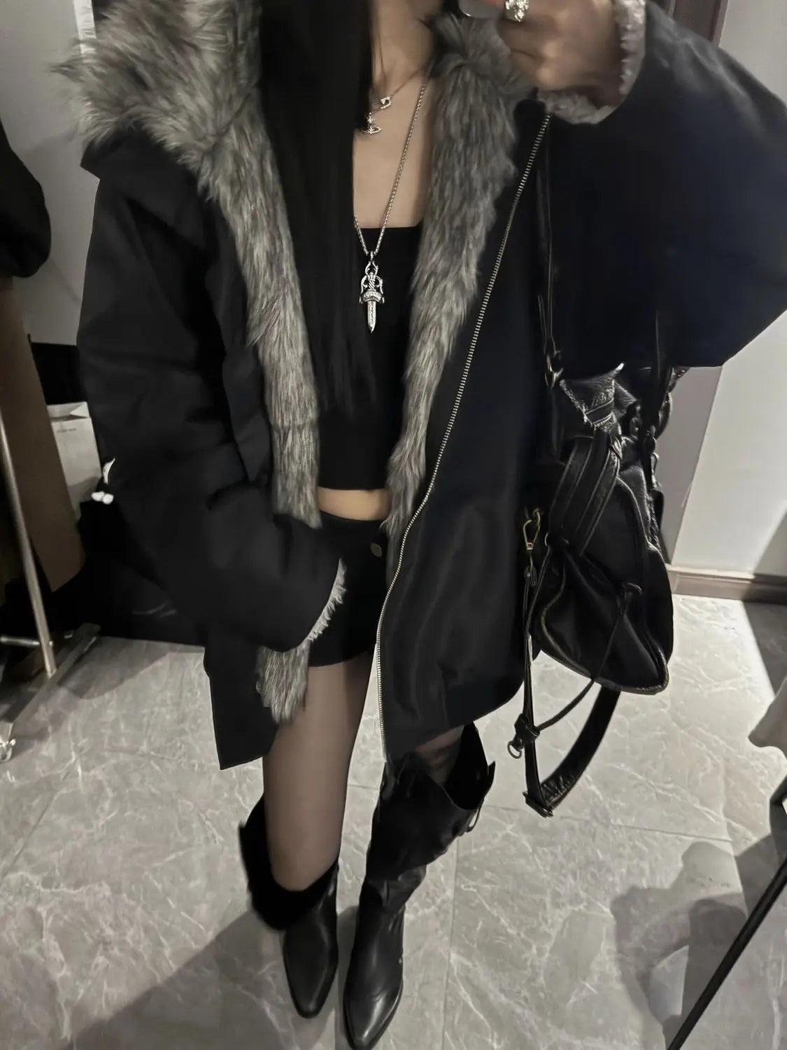 Black Winter Versatile, Fashionable, Warm Cold-proof Cotton-padded Spliced New Autumn and Winter Jacket, Parka Coat