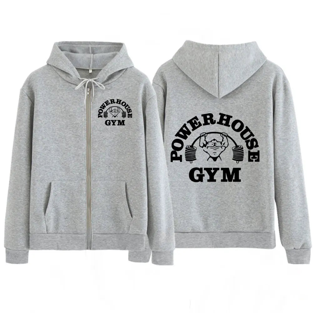 Powerhouse Gym Logo Zipper Hoodie Harajuku Geek Fitness Zip Up Hoodies Unisex Long Sleeve Fashion Casual Oversized Jacket Coat
