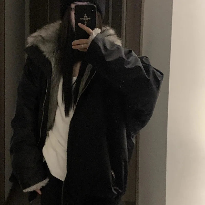 Black Winter Versatile, Fashionable, Warm Cold-proof Cotton-padded Spliced New Autumn and Winter Jacket, Parka Coat
